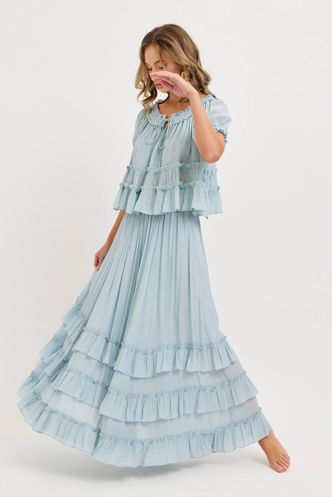 EASY FLOWY TIERED RUFFLE MAXI SKIRT SET: MISTY BLUE