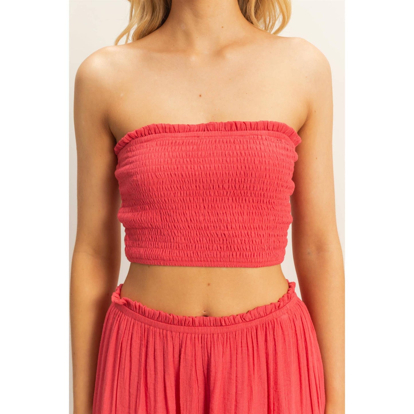 Smocked Strapless Top And Skirt Set: Coral Red