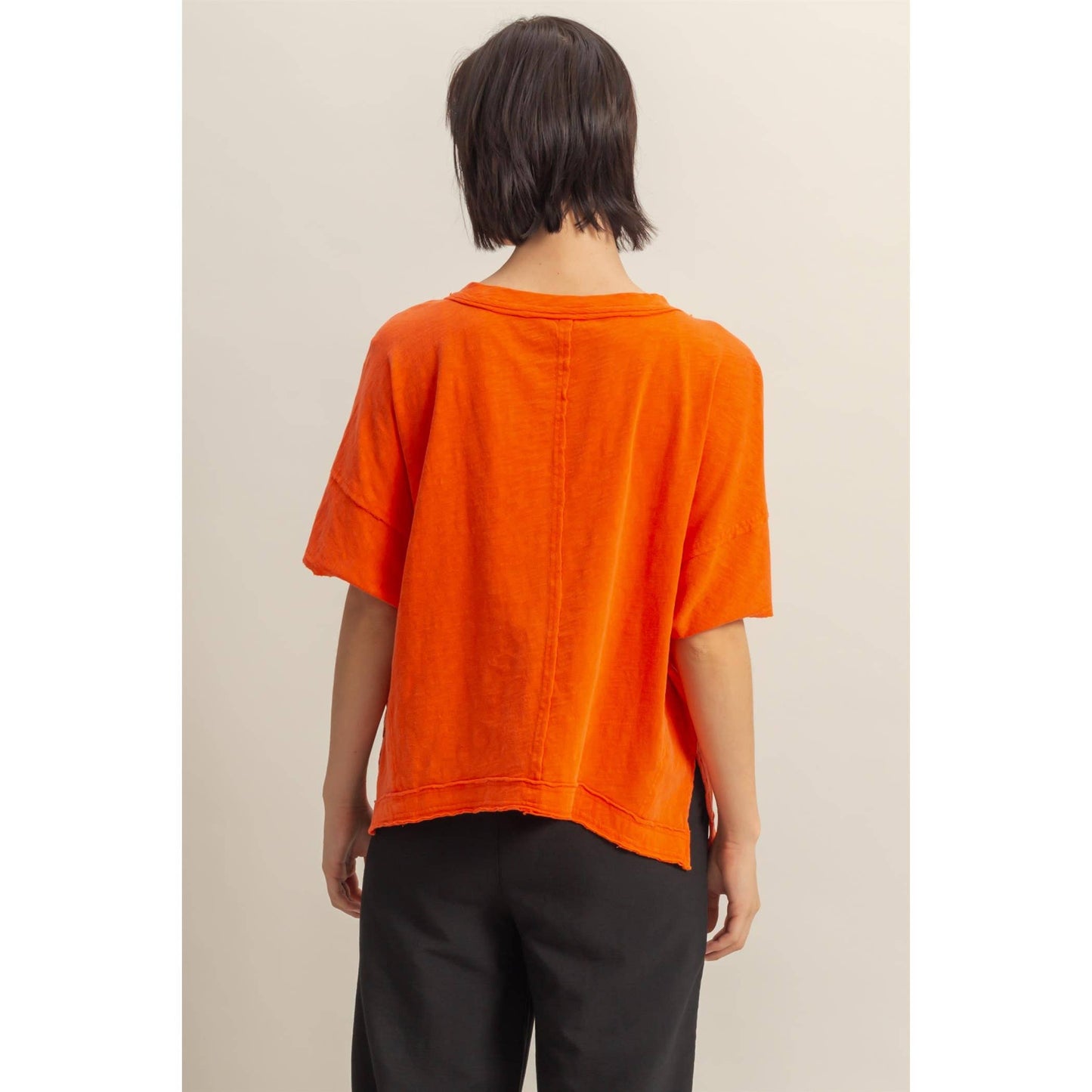 Raw Edge V Neck Oversized Tee: TOMATO