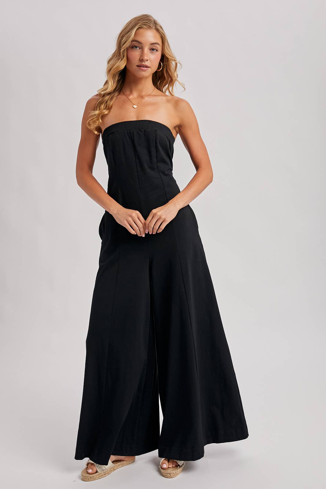 STRAPLESS BANDEAU WIDE-LEG JUMPSUIT WITH POCKETS: Black