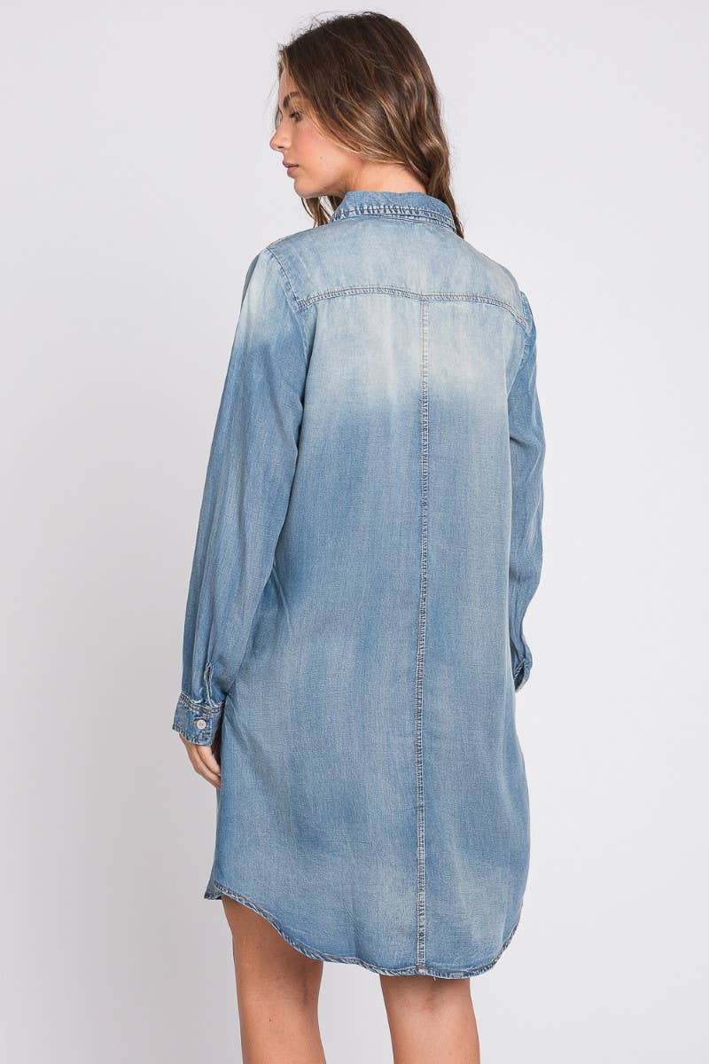 Washed Shirts Denim Dress : Light Denim