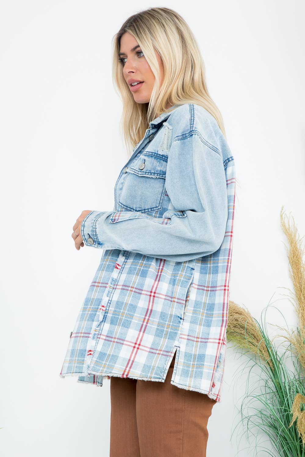 Oversized Denim and Plaid Shacket: Lt Blue