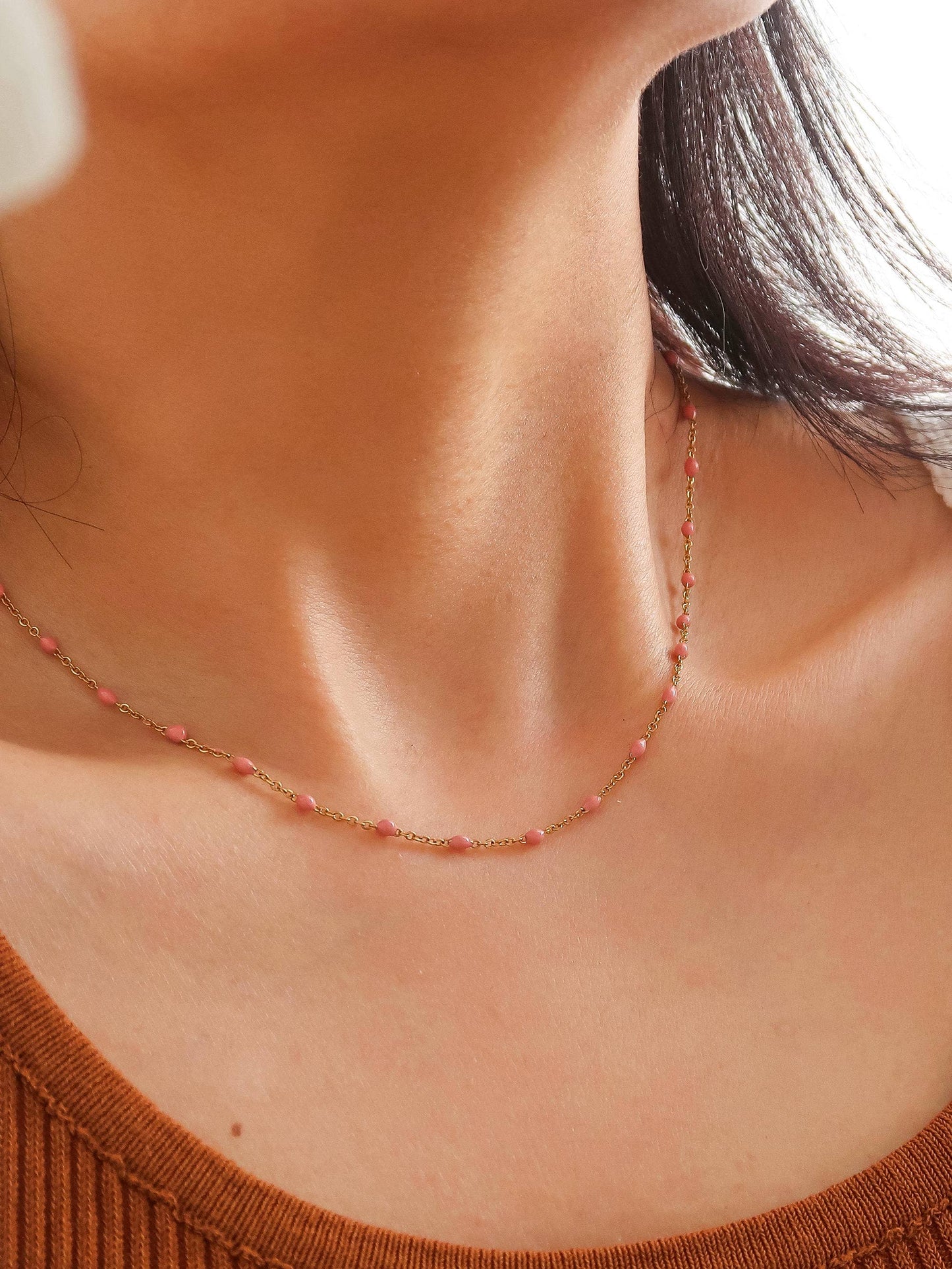 Soleil 18K Gold Non-Tarnish Beaded Petite Chain Necklace: Rose
