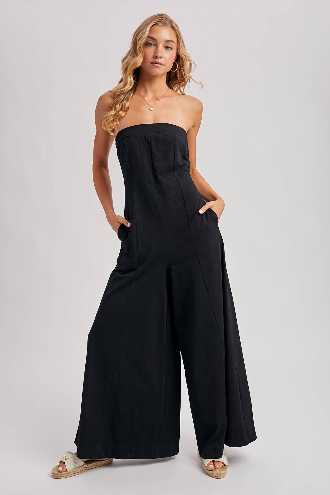 STRAPLESS BANDEAU WIDE-LEG JUMPSUIT WITH POCKETS: Black