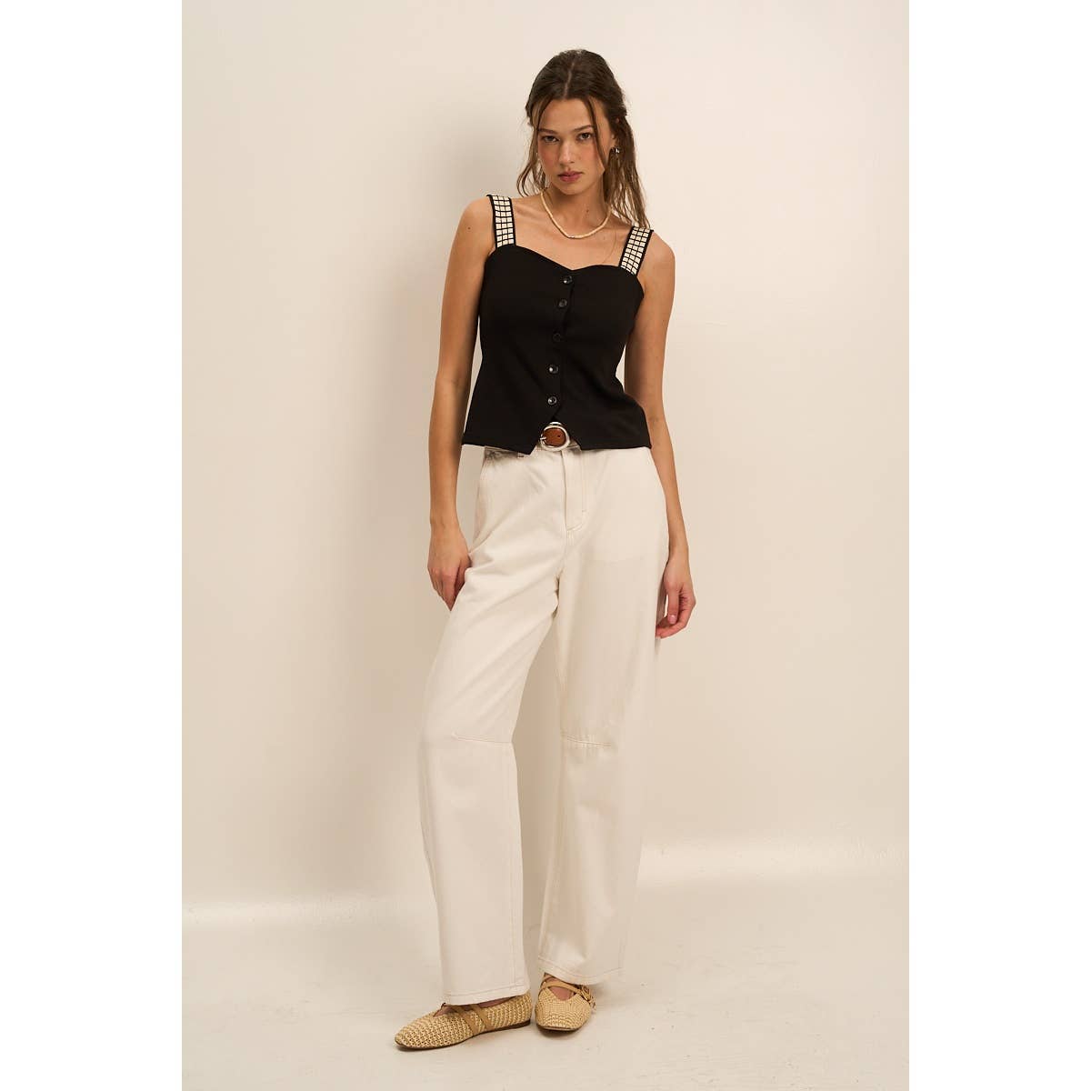 Button Down Cami Top: BLACK