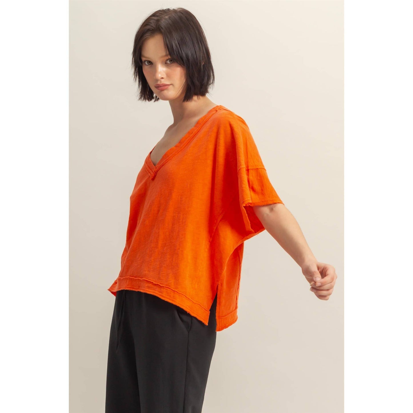 Raw Edge V Neck Oversized Tee: TOMATO