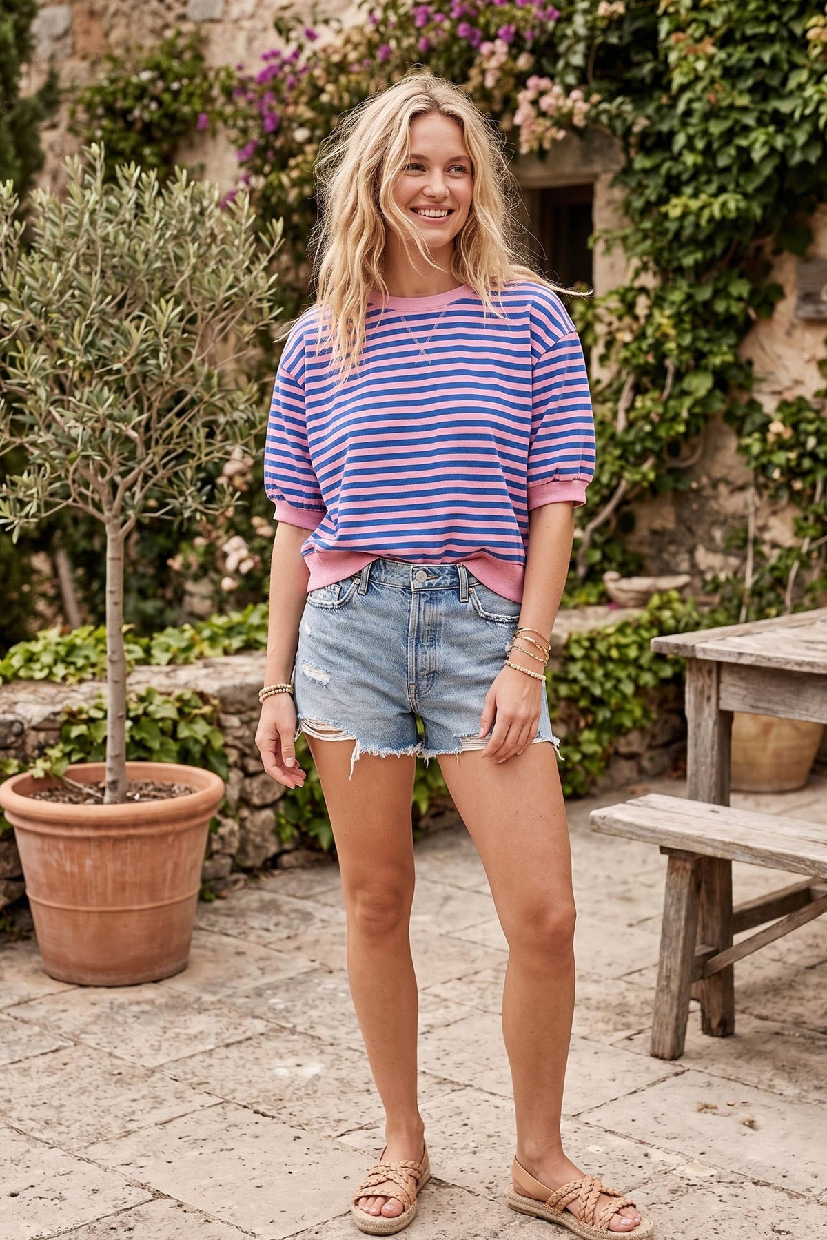 Striped Contrast Trim Knit Top: PINK/ROYAL