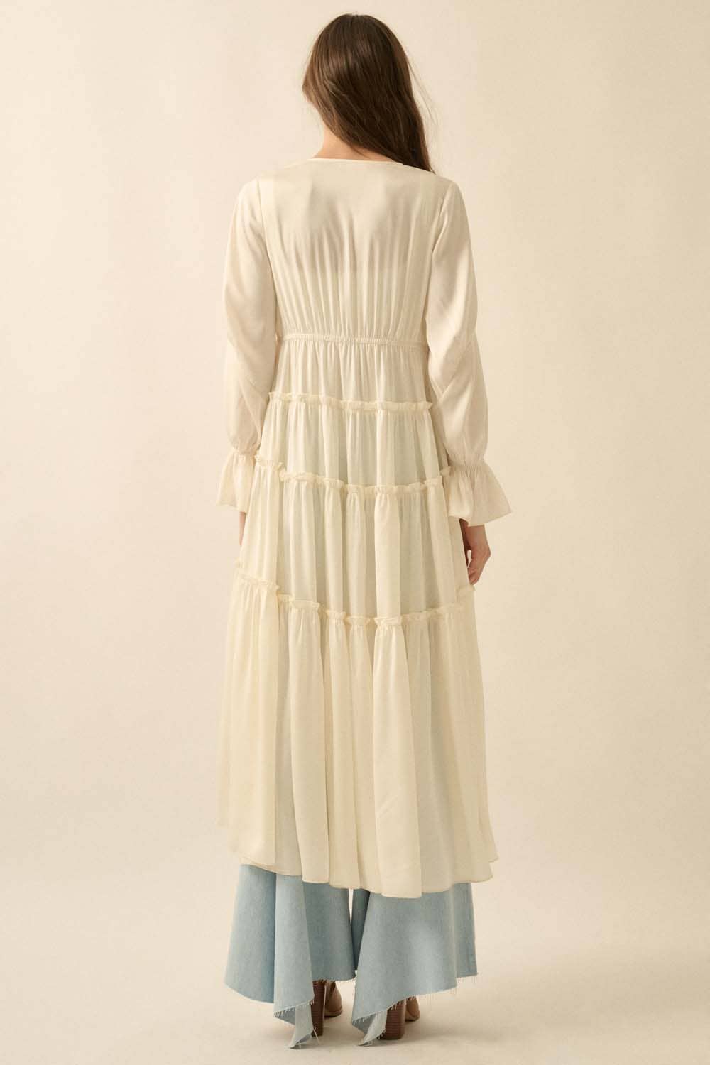 Solid Ruffled Trumpet-Sleeve High-Low Midi Dress: CREAM