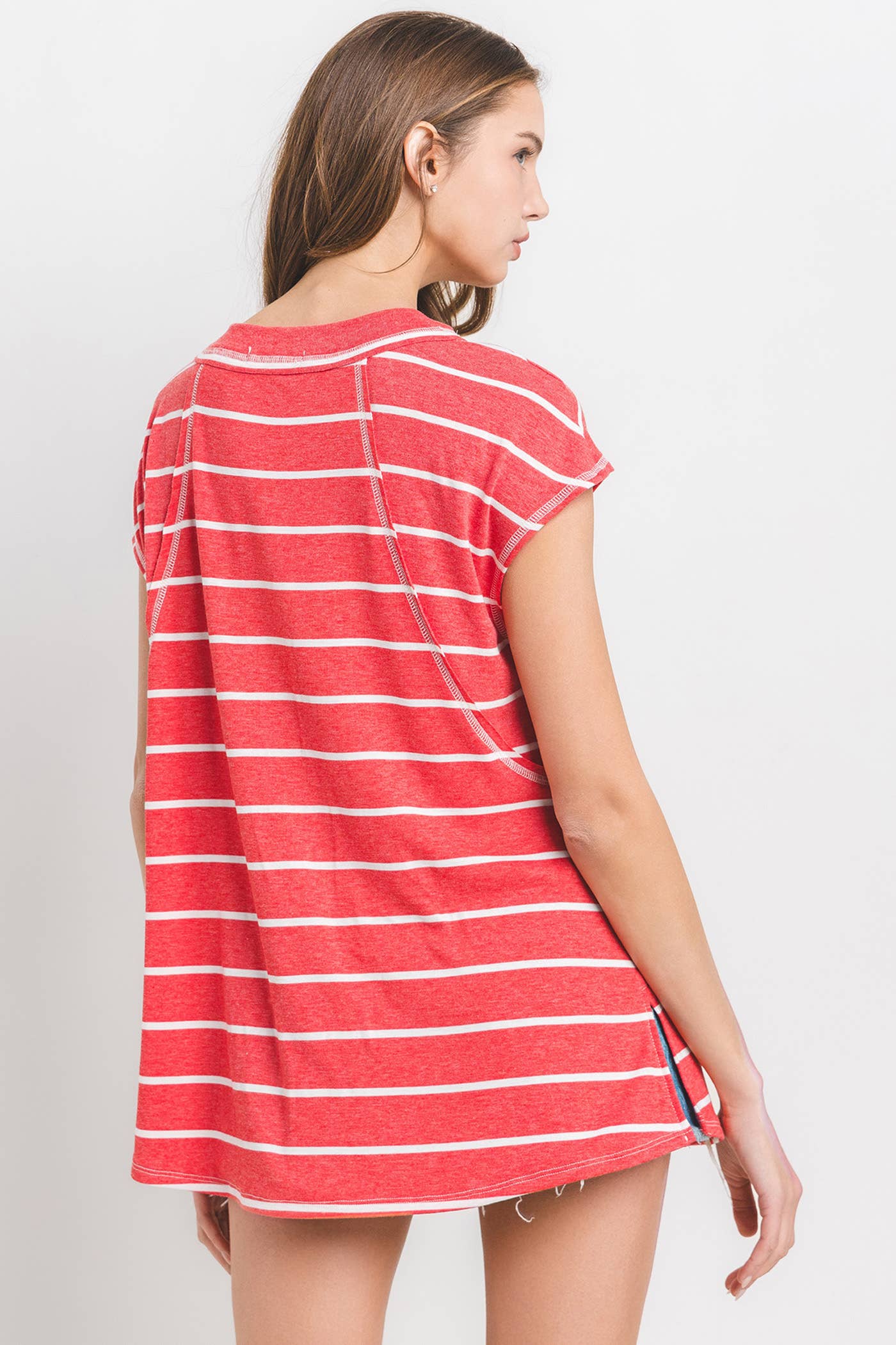 Striped Short Sleeve Knit Top / Red