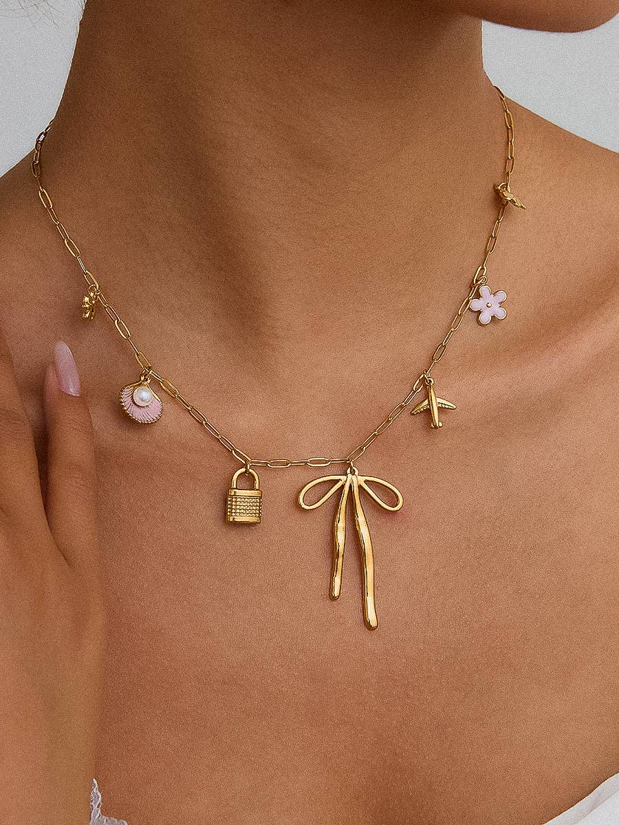 Tyla 18K Gold Non-Tarnish Bow Charm Necklace: Gold