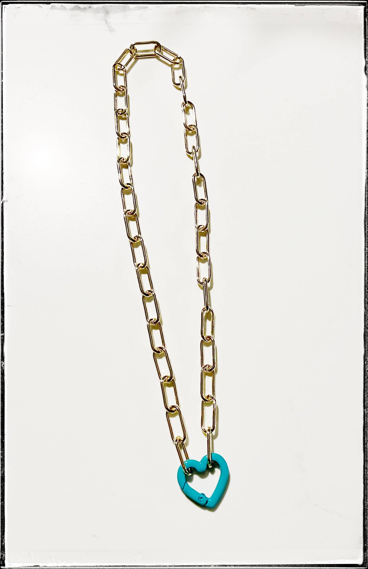Gold Paperclip Necklace with Carabiner Heart:Turquoise