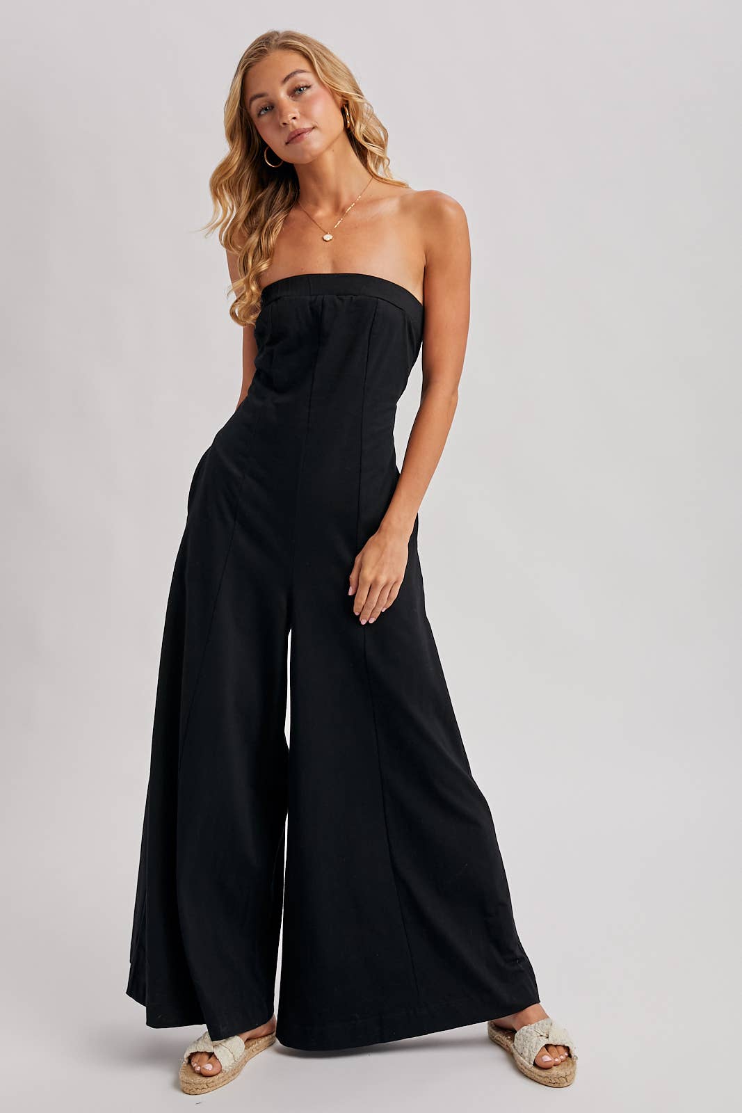 STRAPLESS BANDEAU WIDE-LEG JUMPSUIT WITH POCKETS: Black