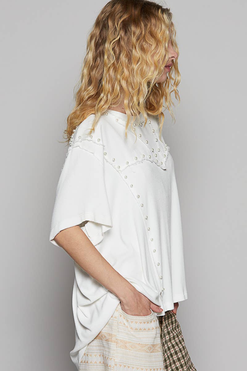 Oversize pearl detail top: OFF WHITE