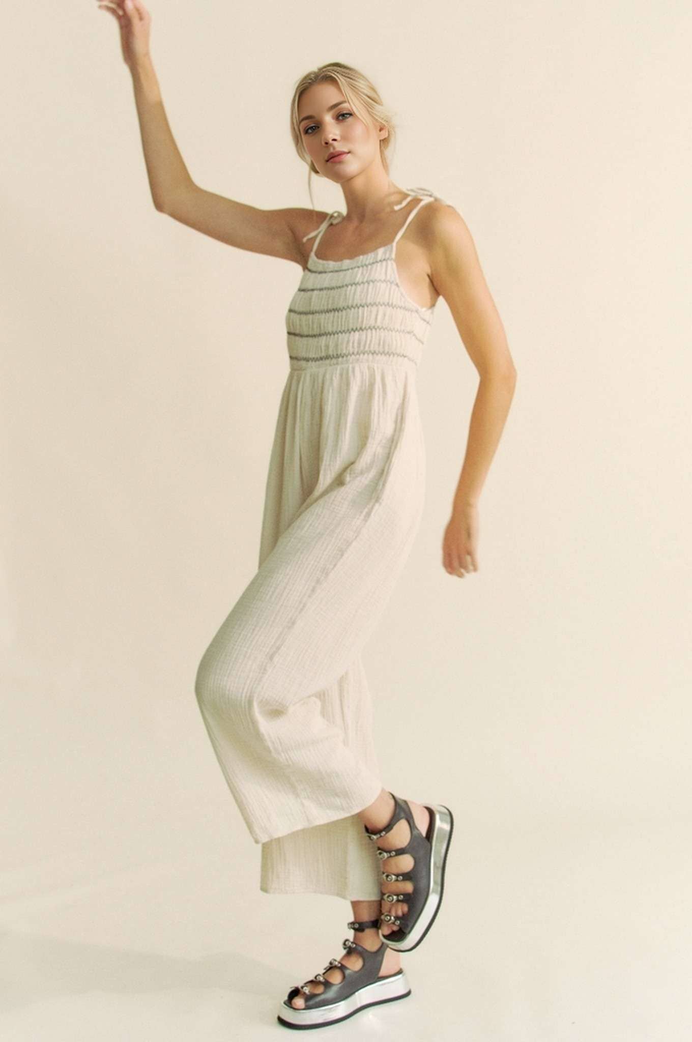 Garment Washed Smocked Jumpsuit