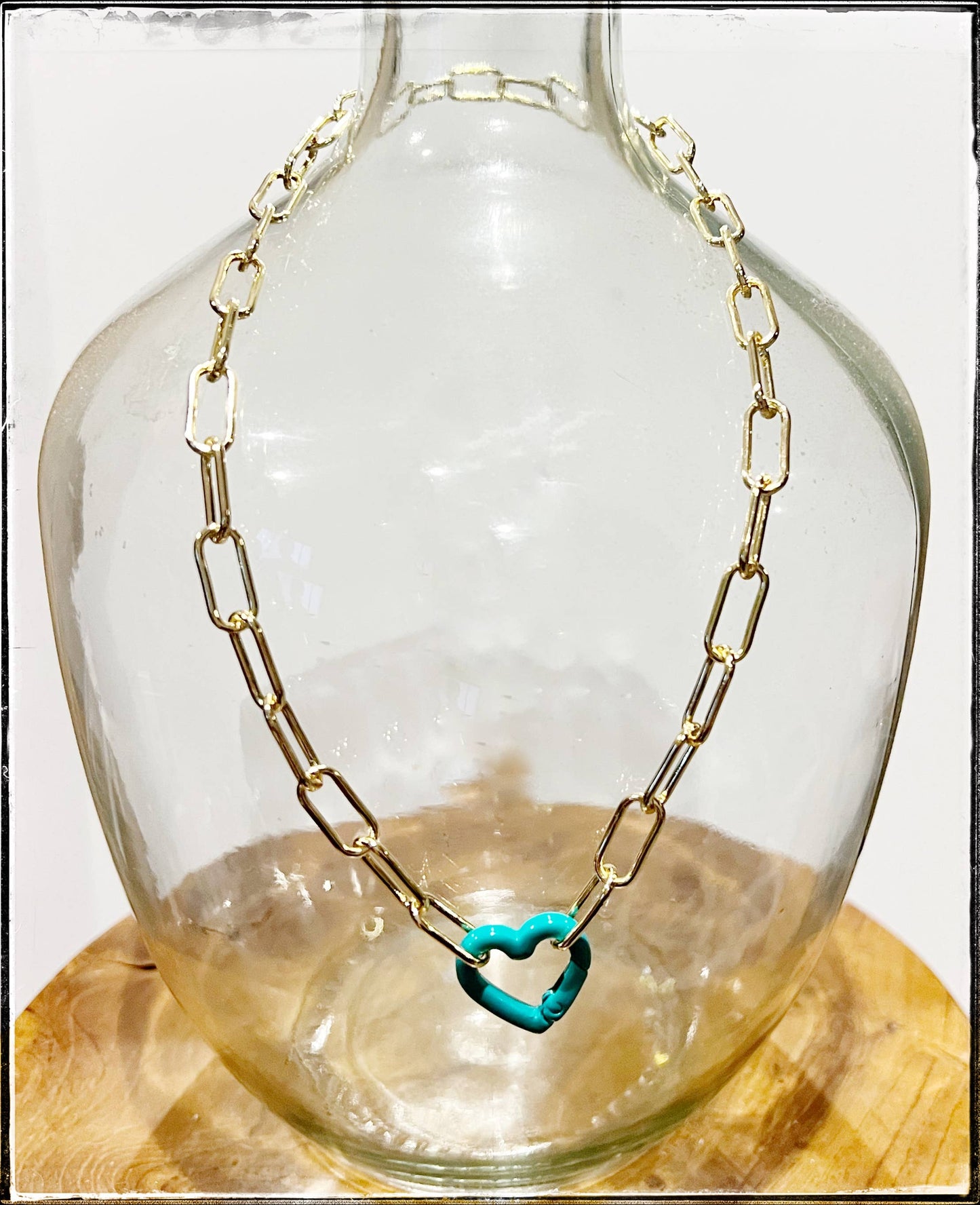 Gold Paperclip Necklace with Carabiner Heart:Turquoise