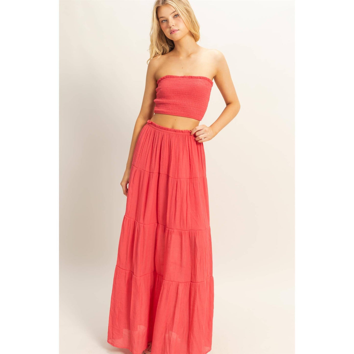 Smocked Strapless Top And Skirt Set: Coral Red