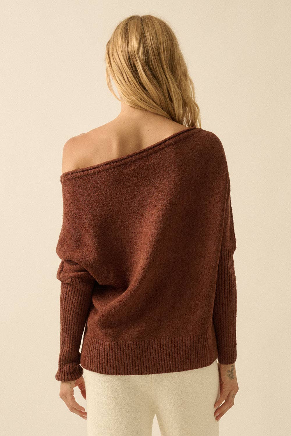 Textured Knit One-Shoulder Boatneck Dolman Sweater: Cream