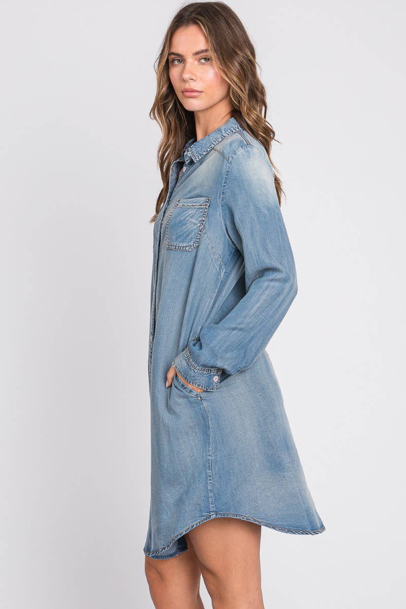 Washed Shirts Denim Dress : Light Denim