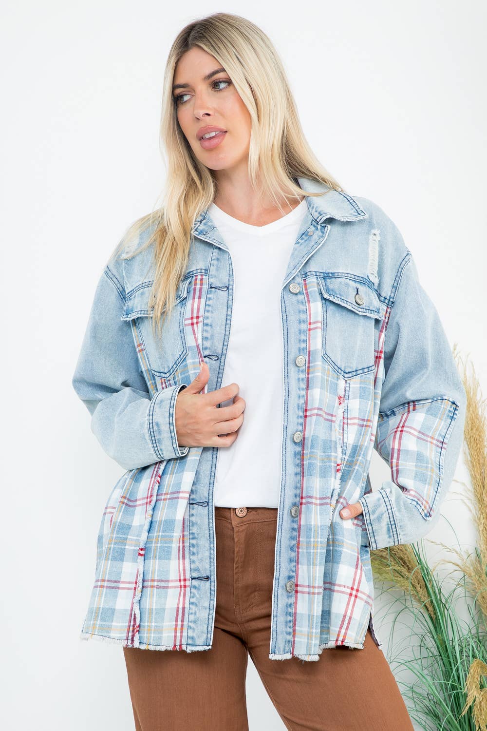 Oversized Denim and Plaid Shacket: Lt Blue