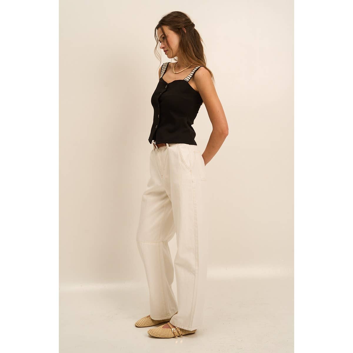 Button Down Cami Top: BLACK