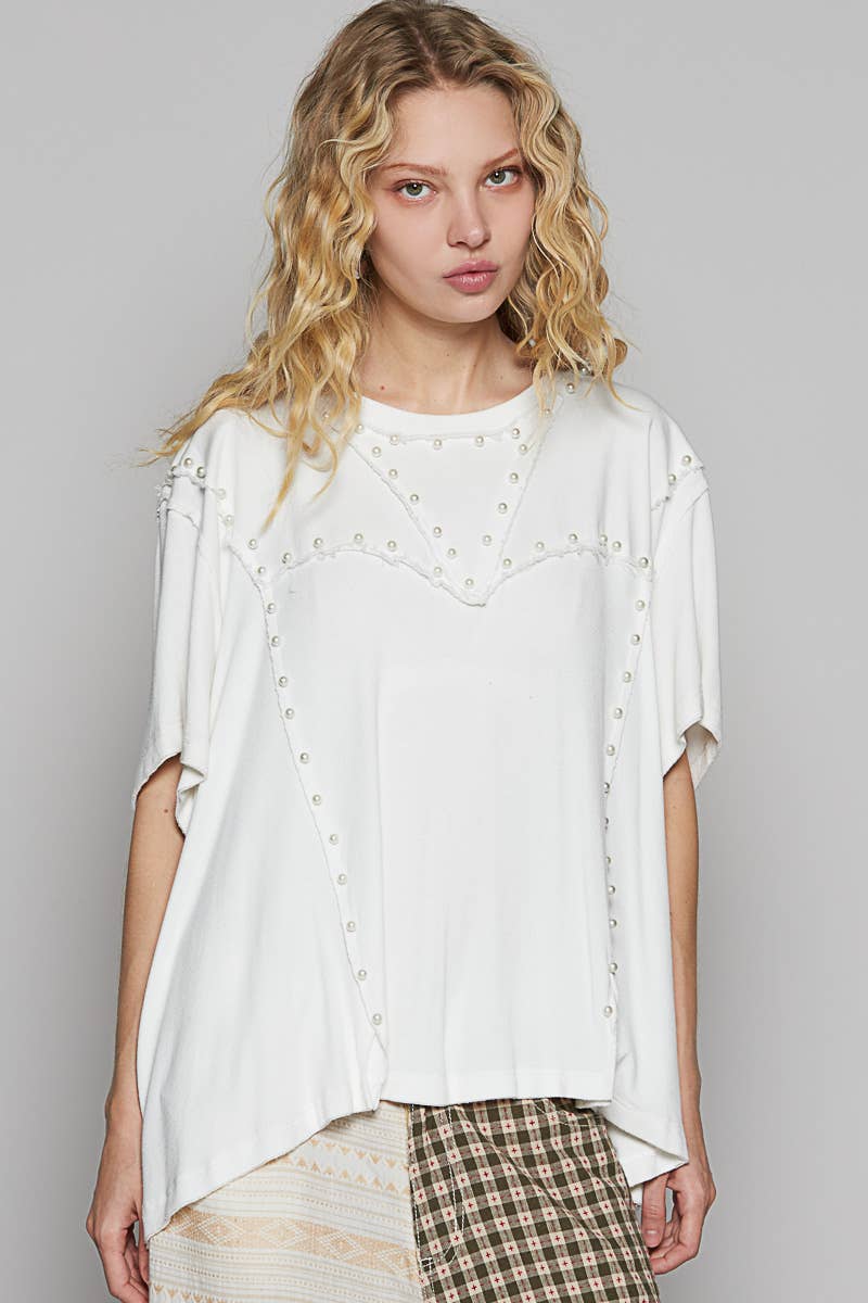 Oversize pearl detail top: OFF WHITE