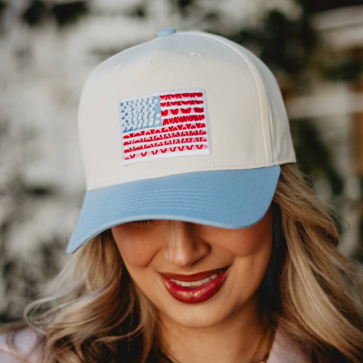 American Flag Two-Toned Fitted Hat: Light Blue and Cream