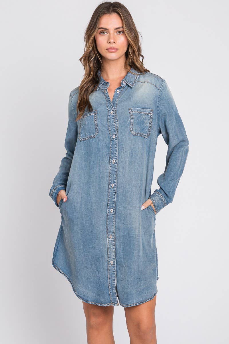 Washed Shirts Denim Dress : Light Denim