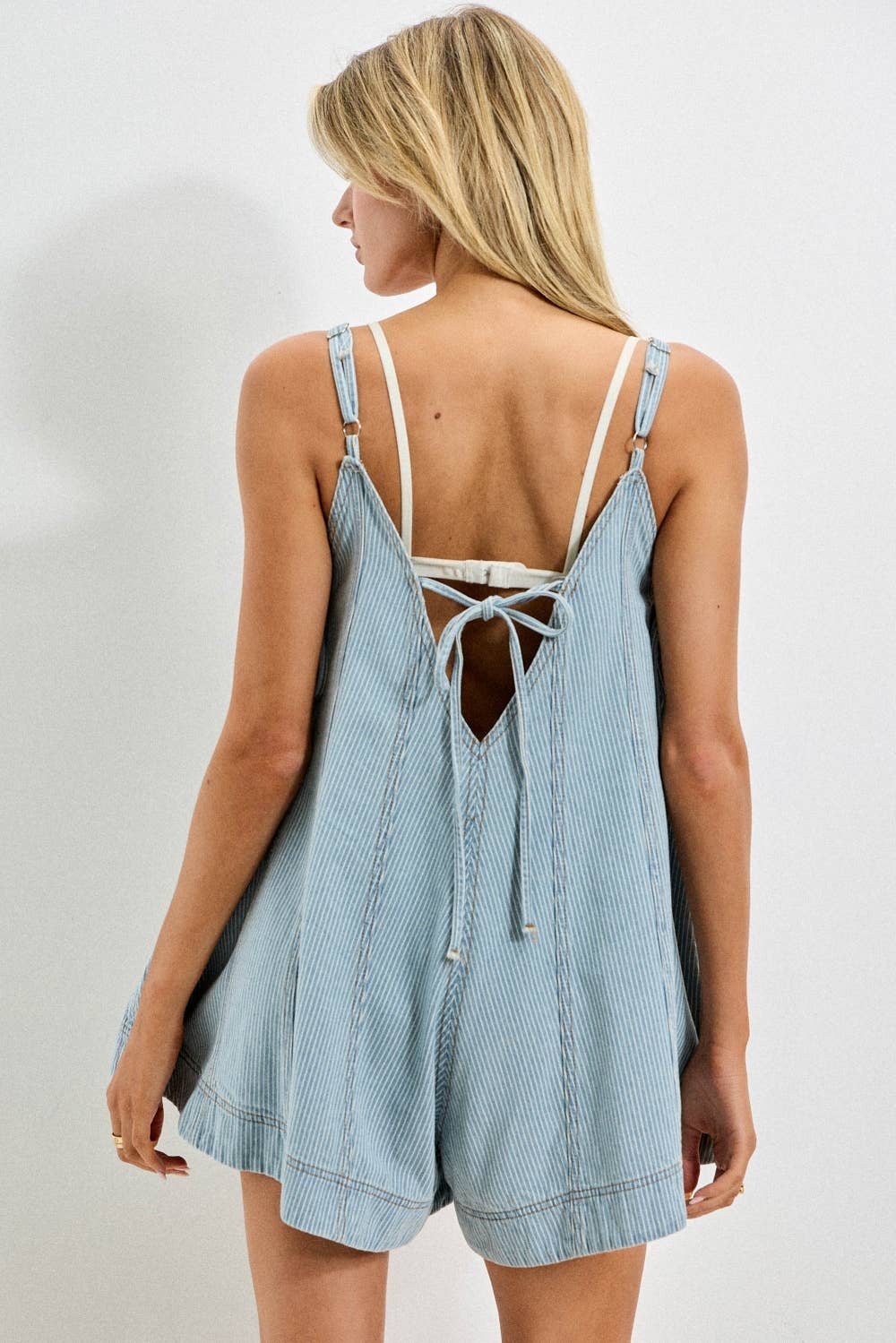 Striped Denim V-Neck Strappy Romper