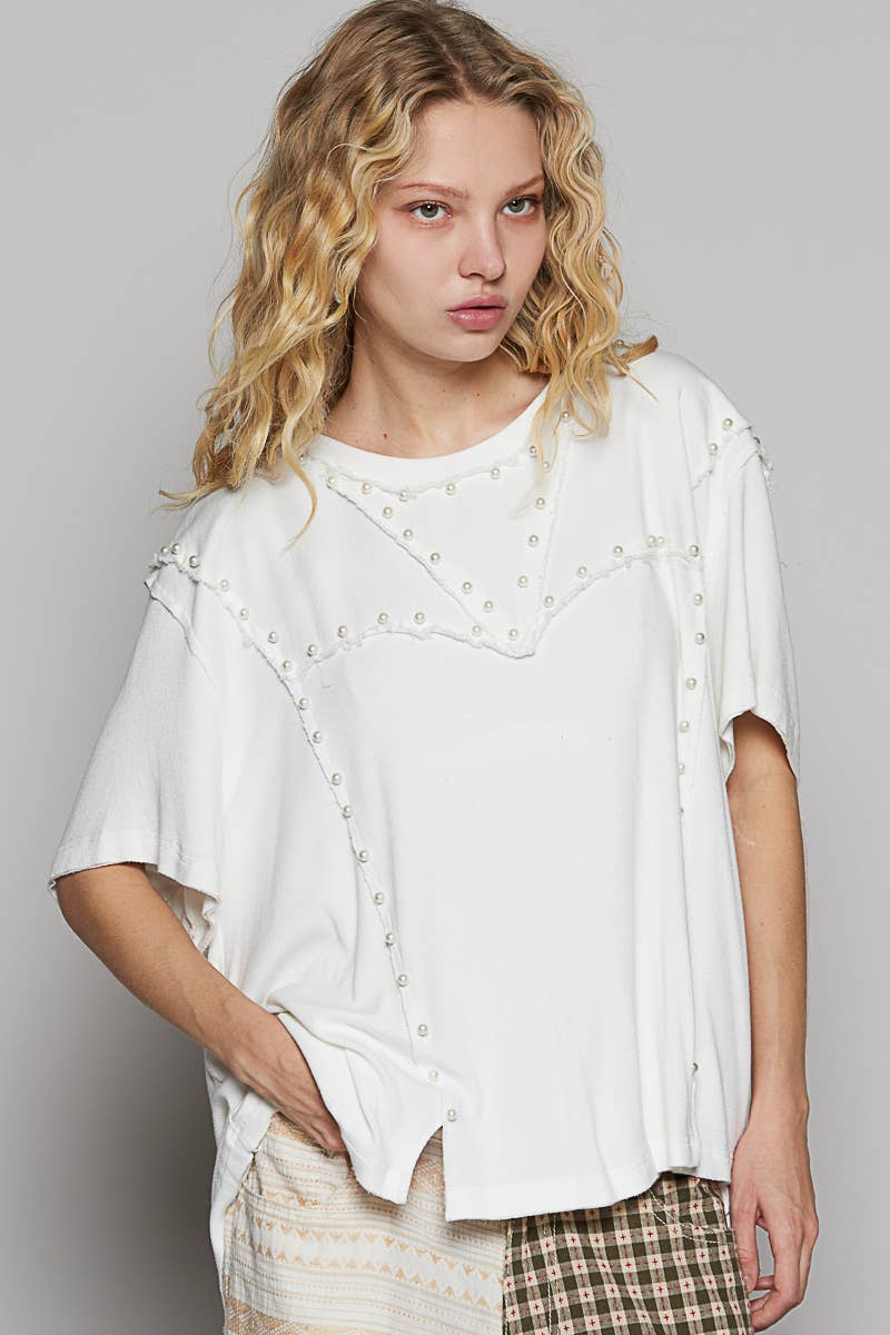 Oversize pearl detail top: OFF WHITE