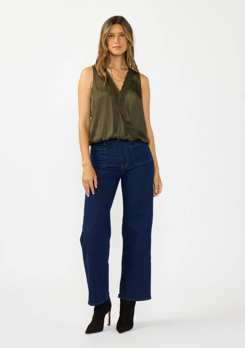 Sleeveless Embroidered Surplice Top with Elastic Hem: OLIVE