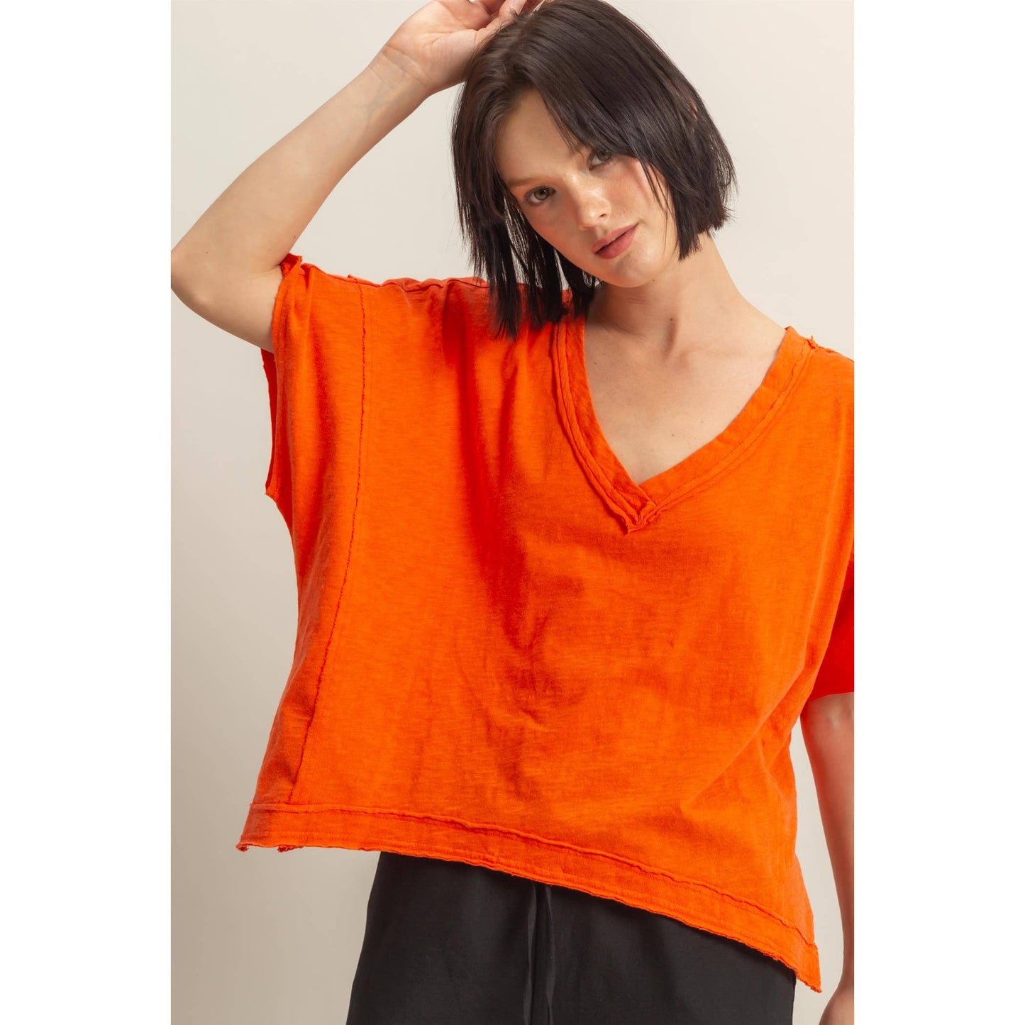 Raw Edge V Neck Oversized Tee: TOMATO