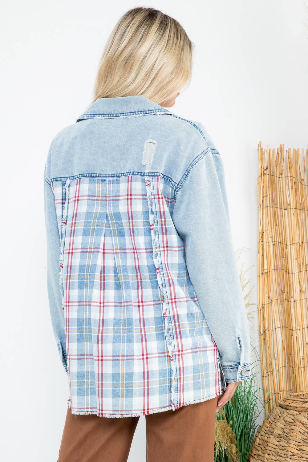 Oversized Denim and Plaid Shacket: Lt Blue