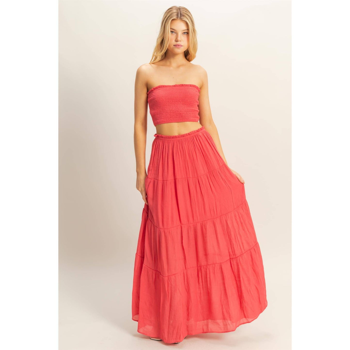 Smocked Strapless Top And Skirt Set: Coral Red