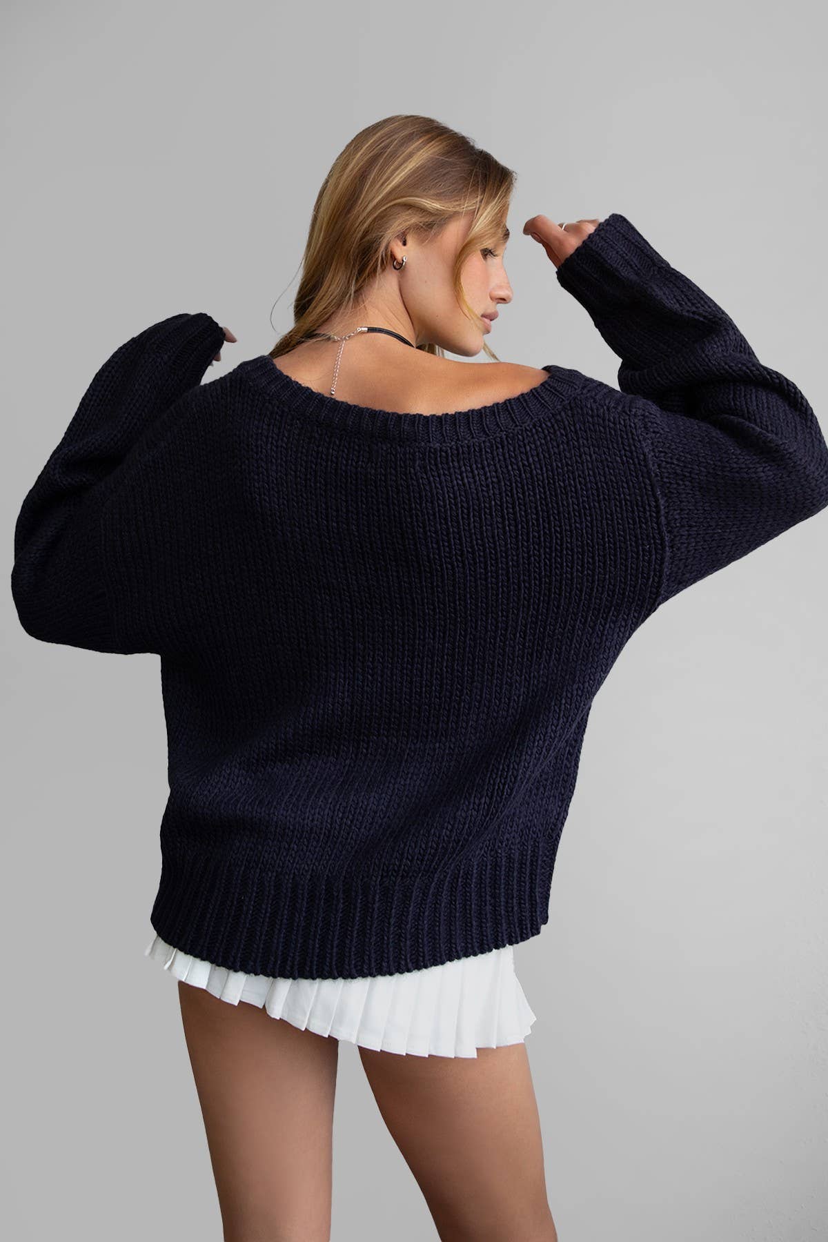 BRANDY Ribbed Knit Off The Shoulder Relaxed Sweater: Navy