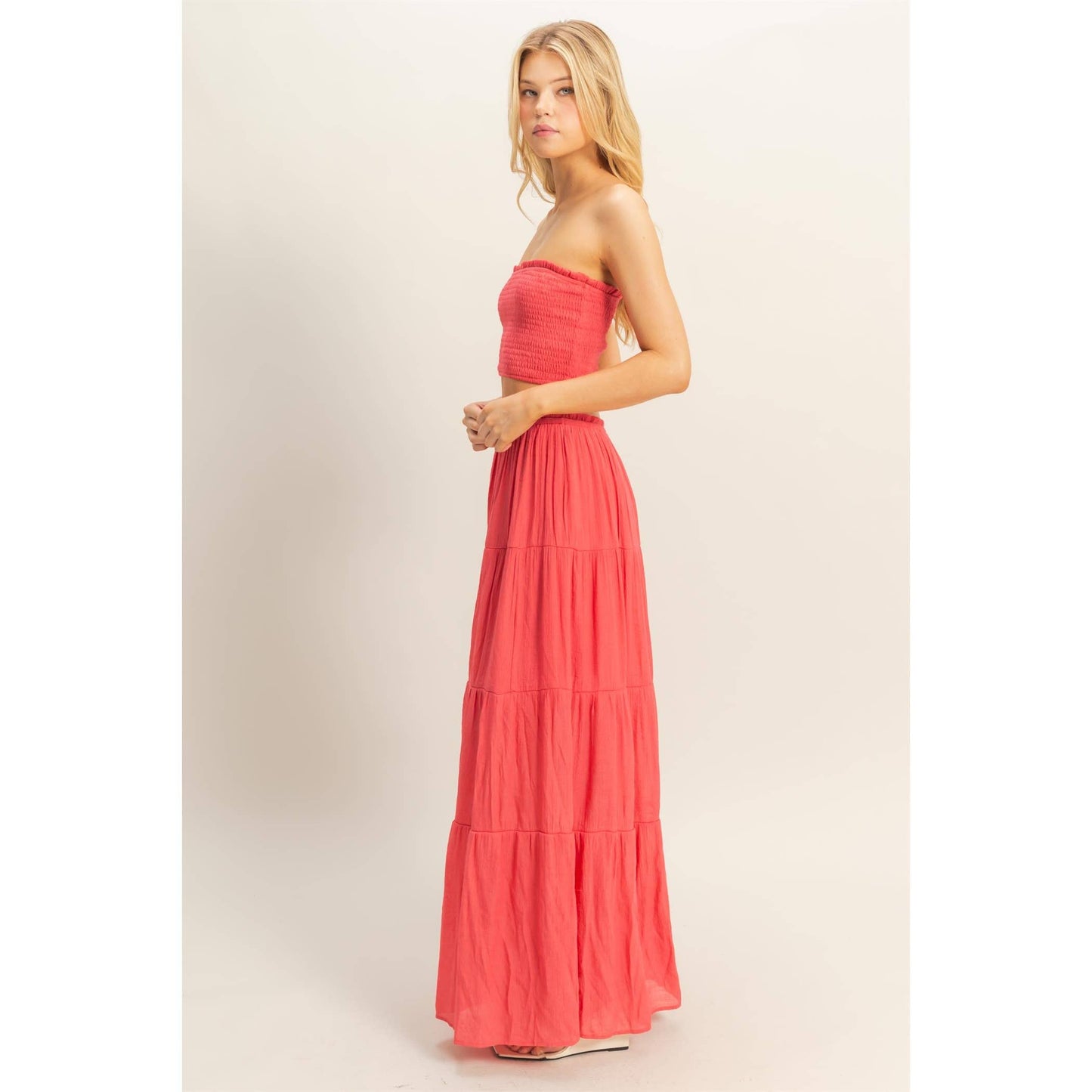 Smocked Strapless Top And Skirt Set: Coral Red
