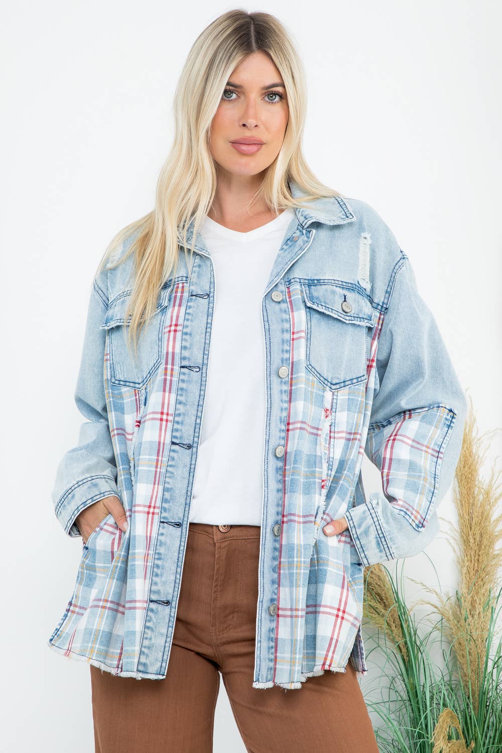 Oversized Denim and Plaid Shacket: Lt Blue
