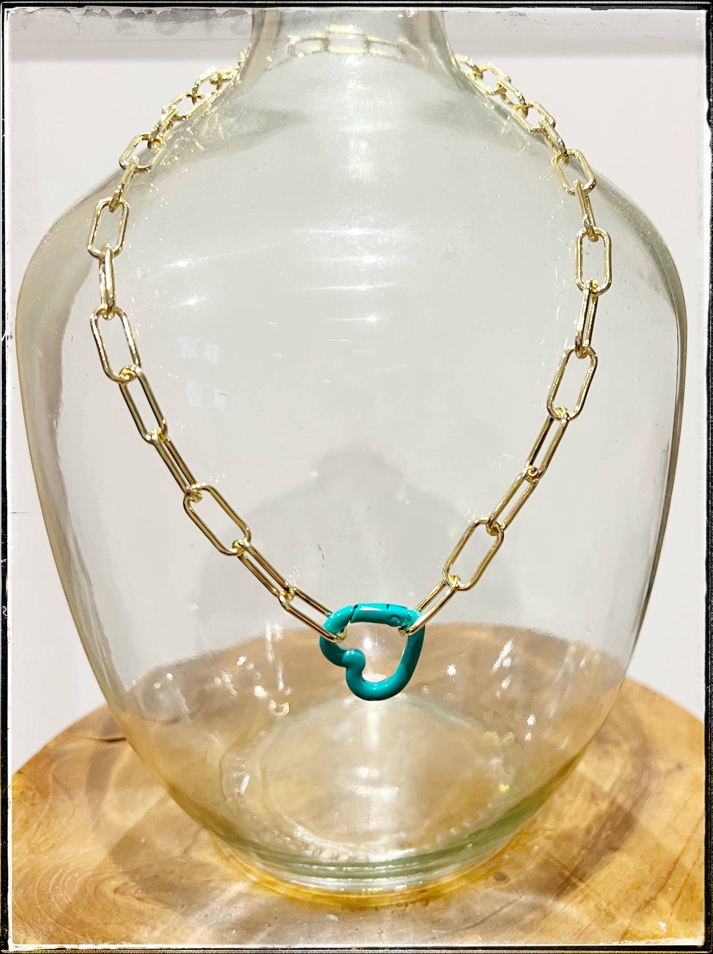 Gold Paperclip Necklace with Carabiner Heart:Turquoise