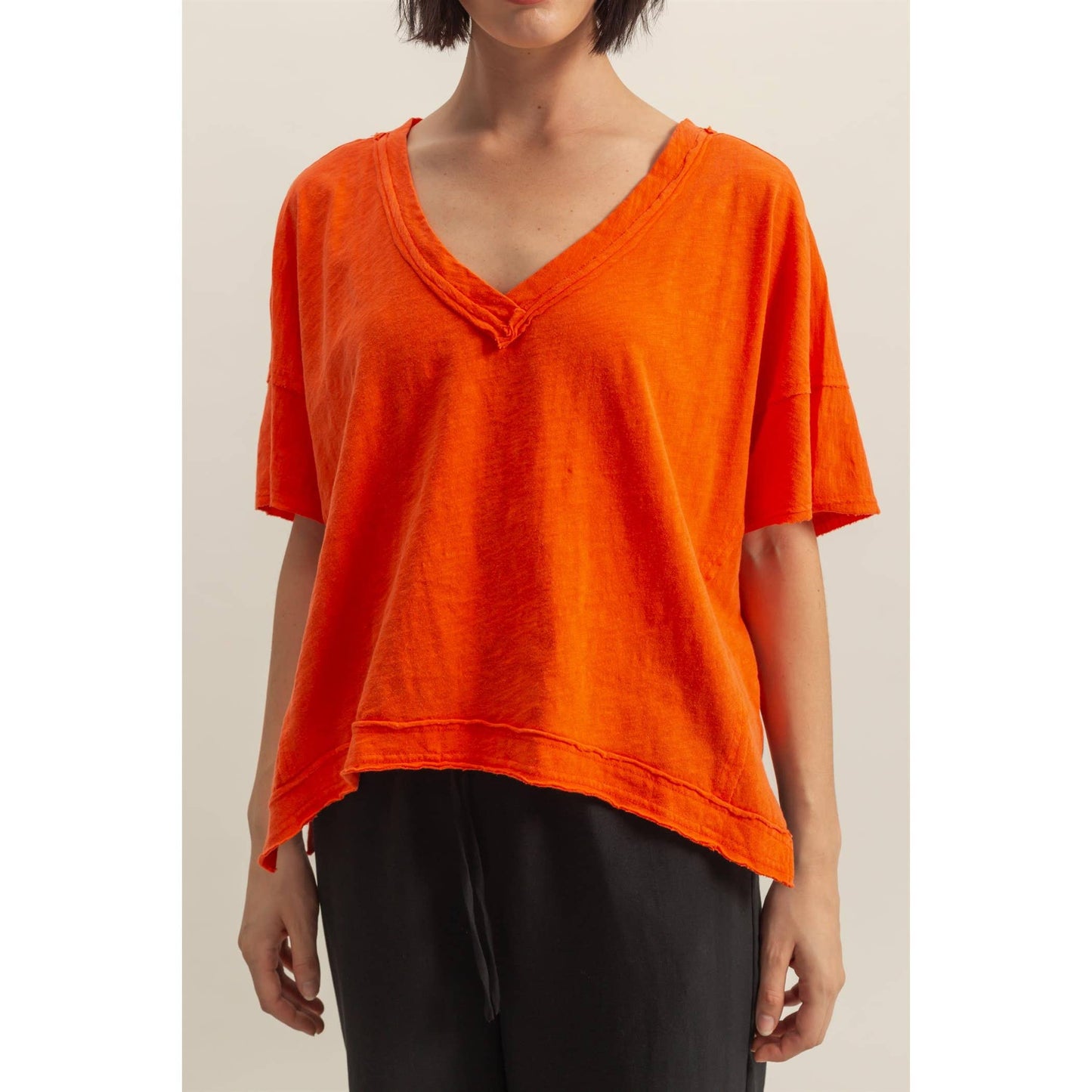 Raw Edge V Neck Oversized Tee: TOMATO