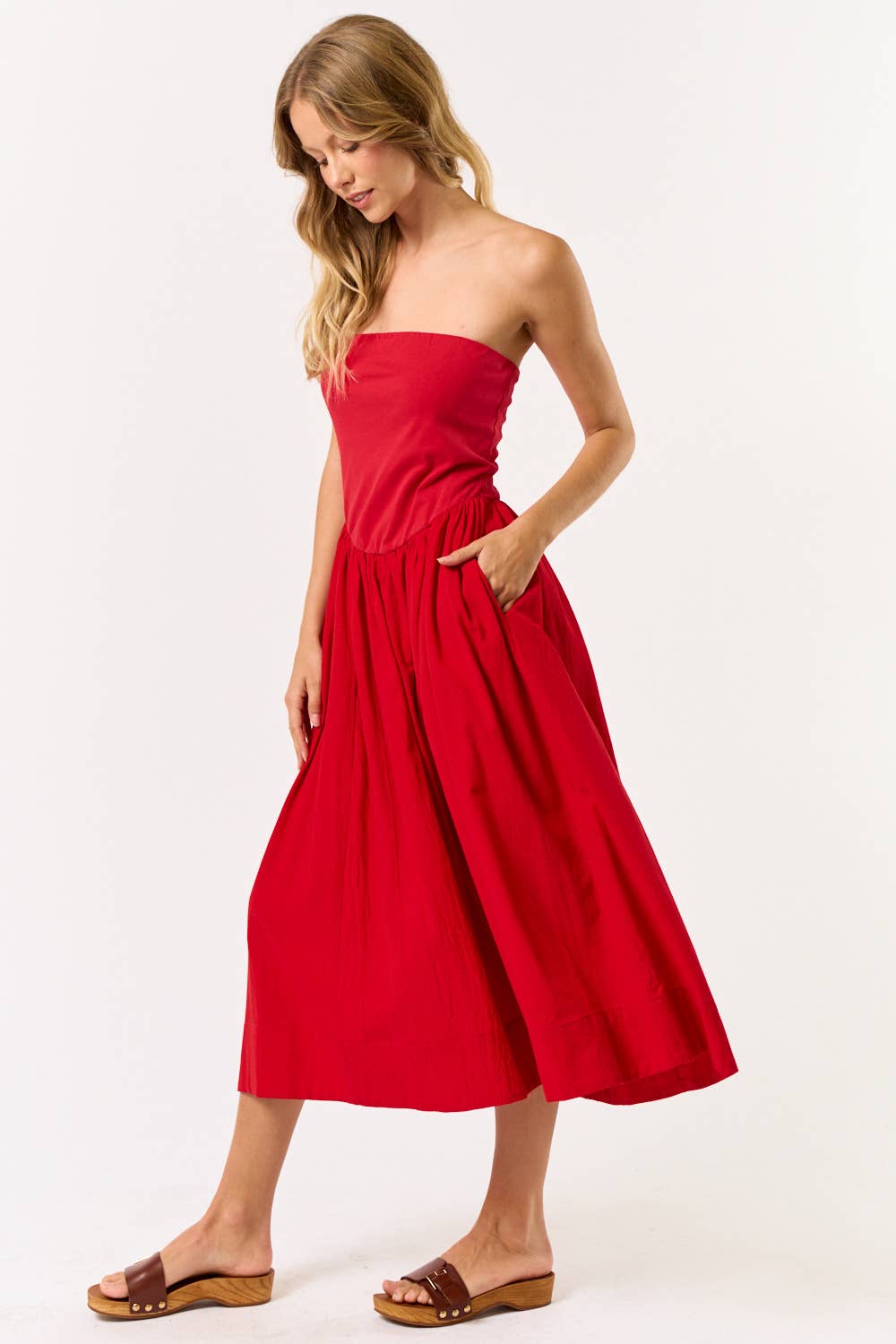 Red Strapless Midi Dress