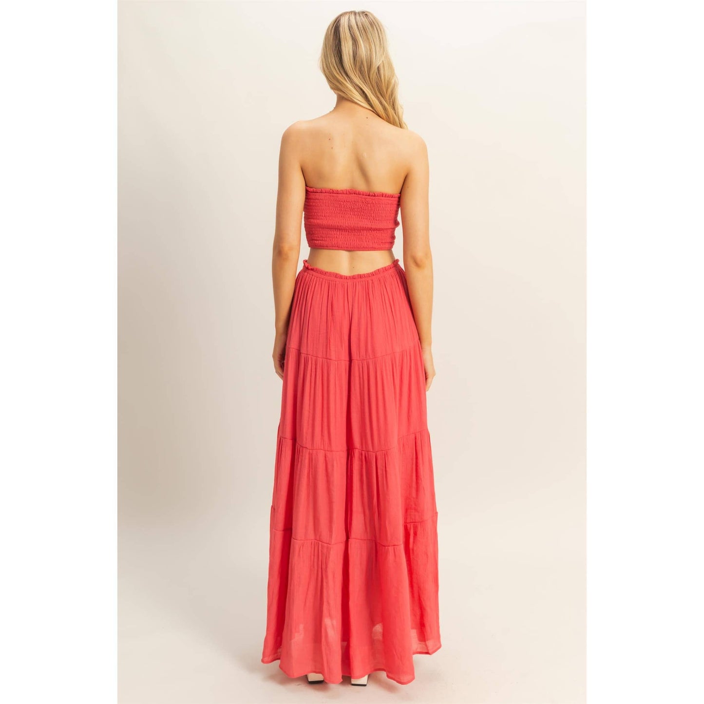 Smocked Strapless Top And Skirt Set: Coral Red