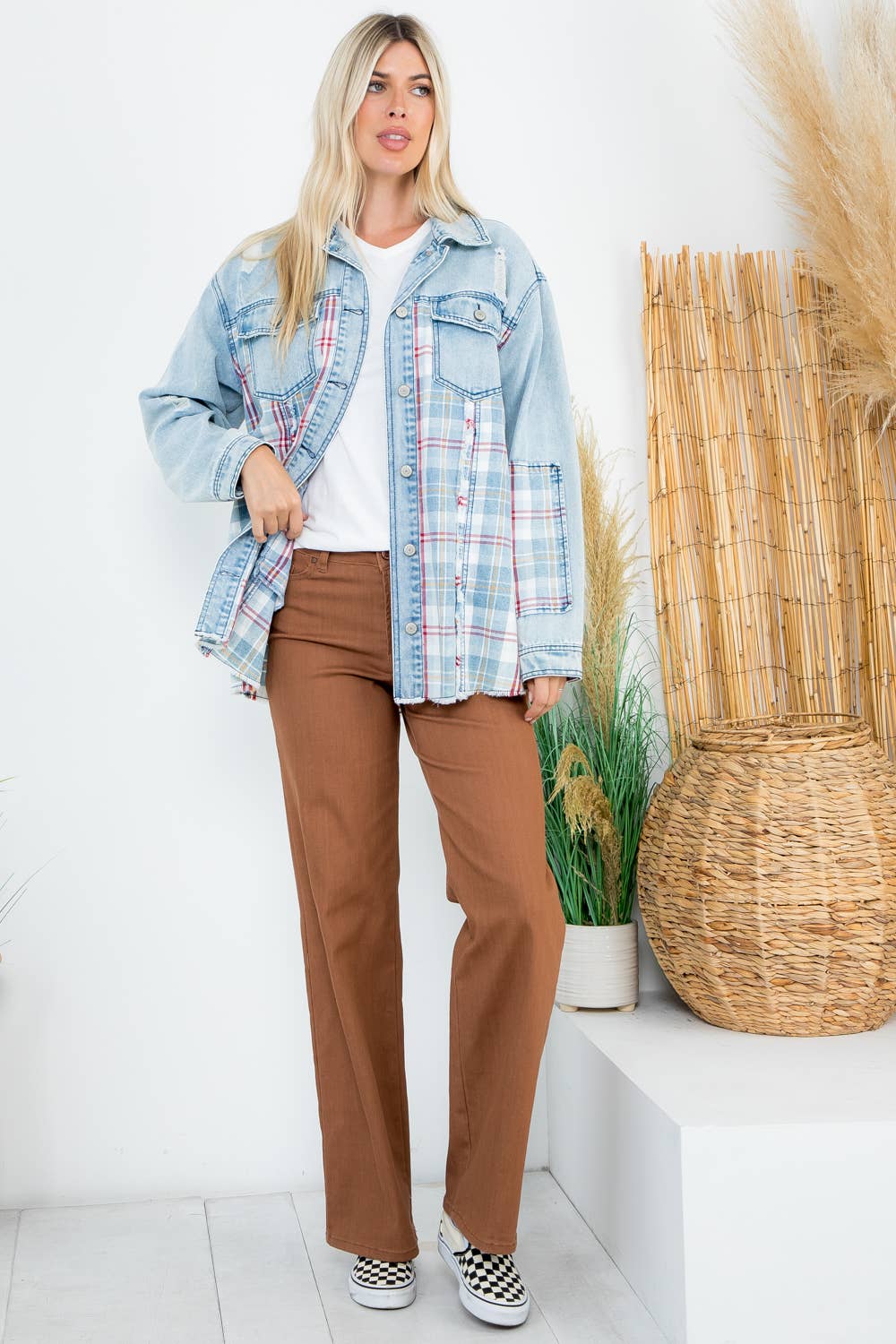 Oversized Denim and Plaid Shacket: Lt Blue