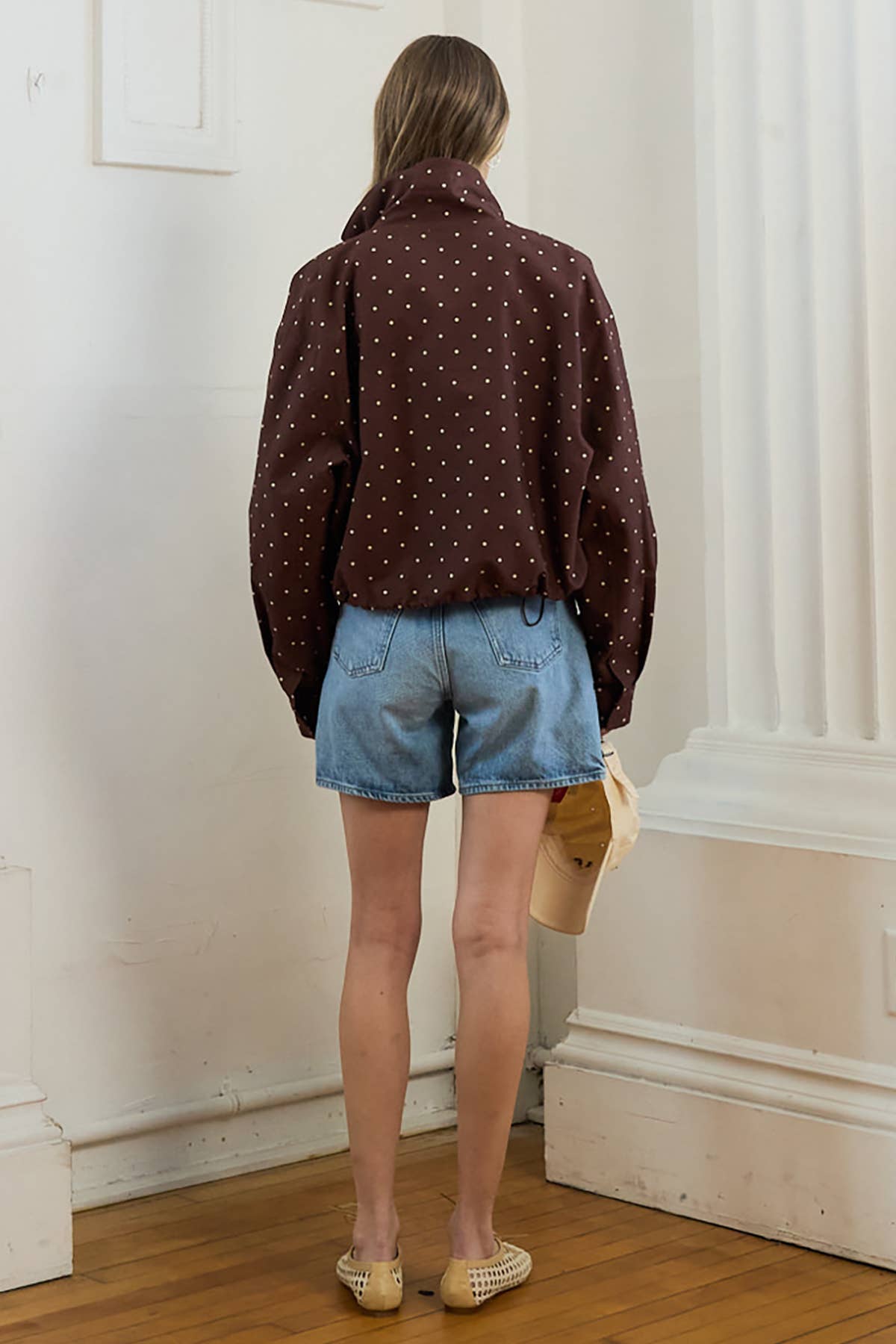 Polka Dot High Neck Drawstring Full Zip Jacket -BROWN DOT