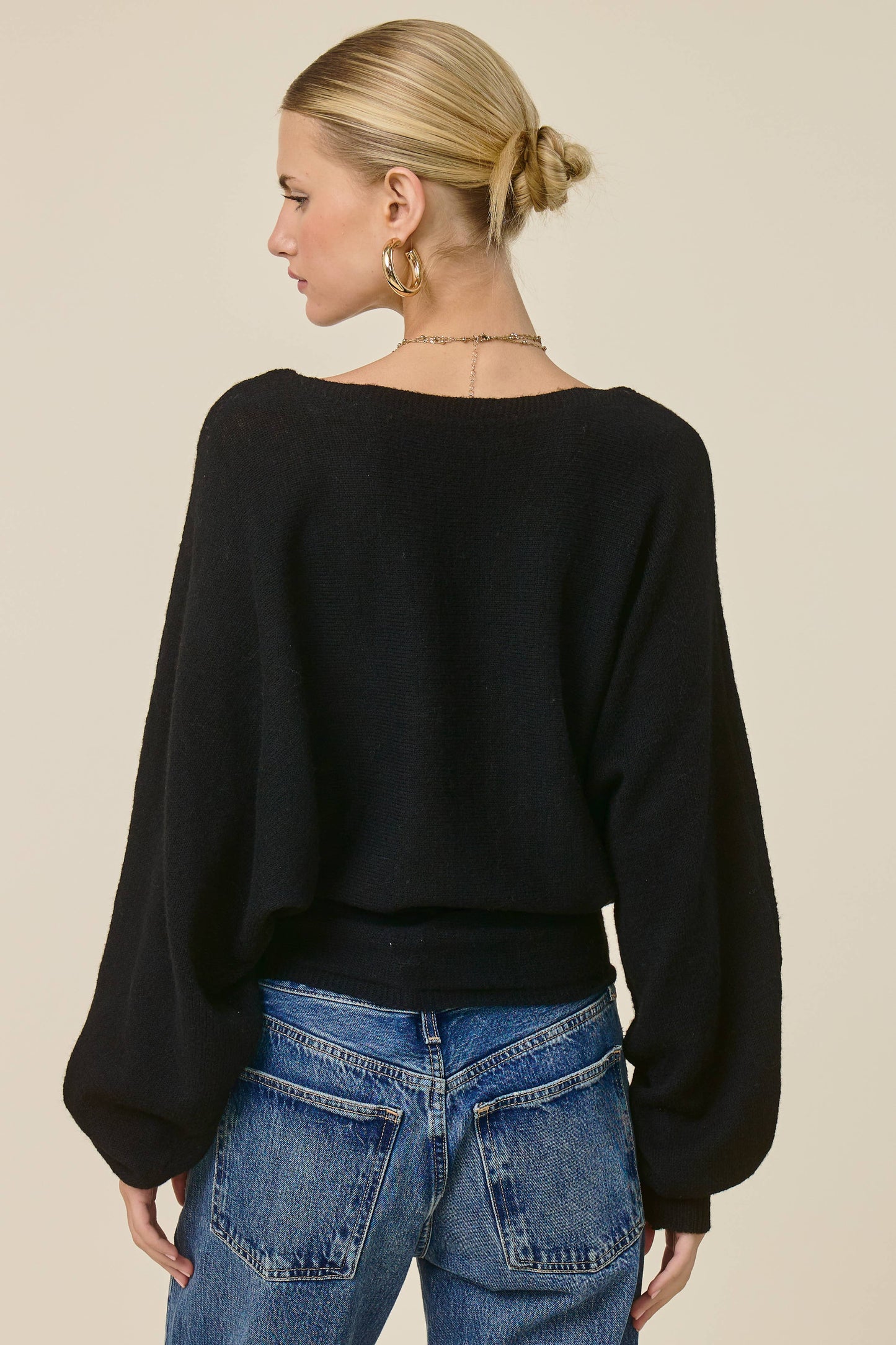 Slouchy Dolman Sleeve Knit Sweater: BLACK