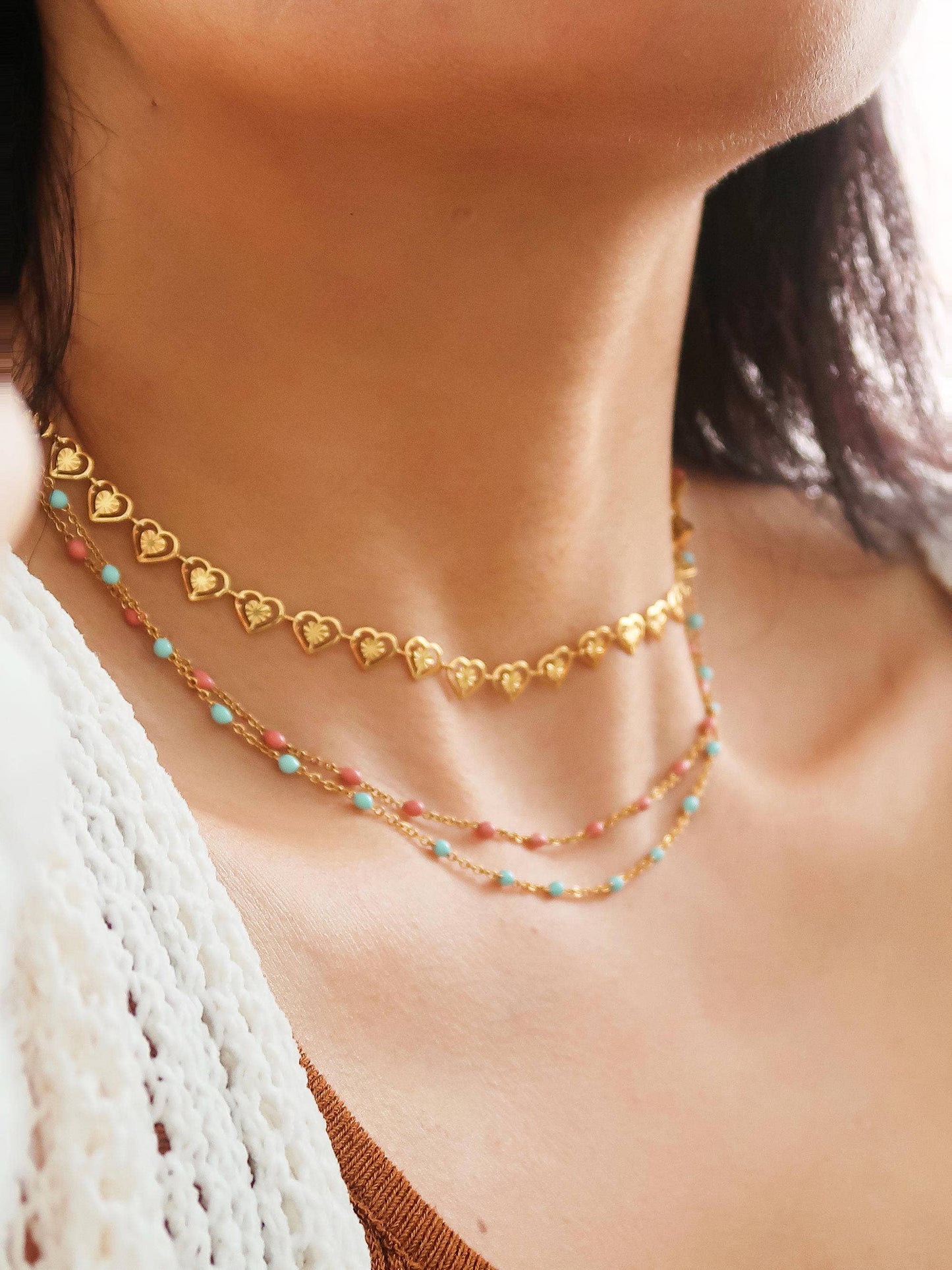 Soleil 18K Gold Non-Tarnish Beaded Petite Chain Necklace: Blue
