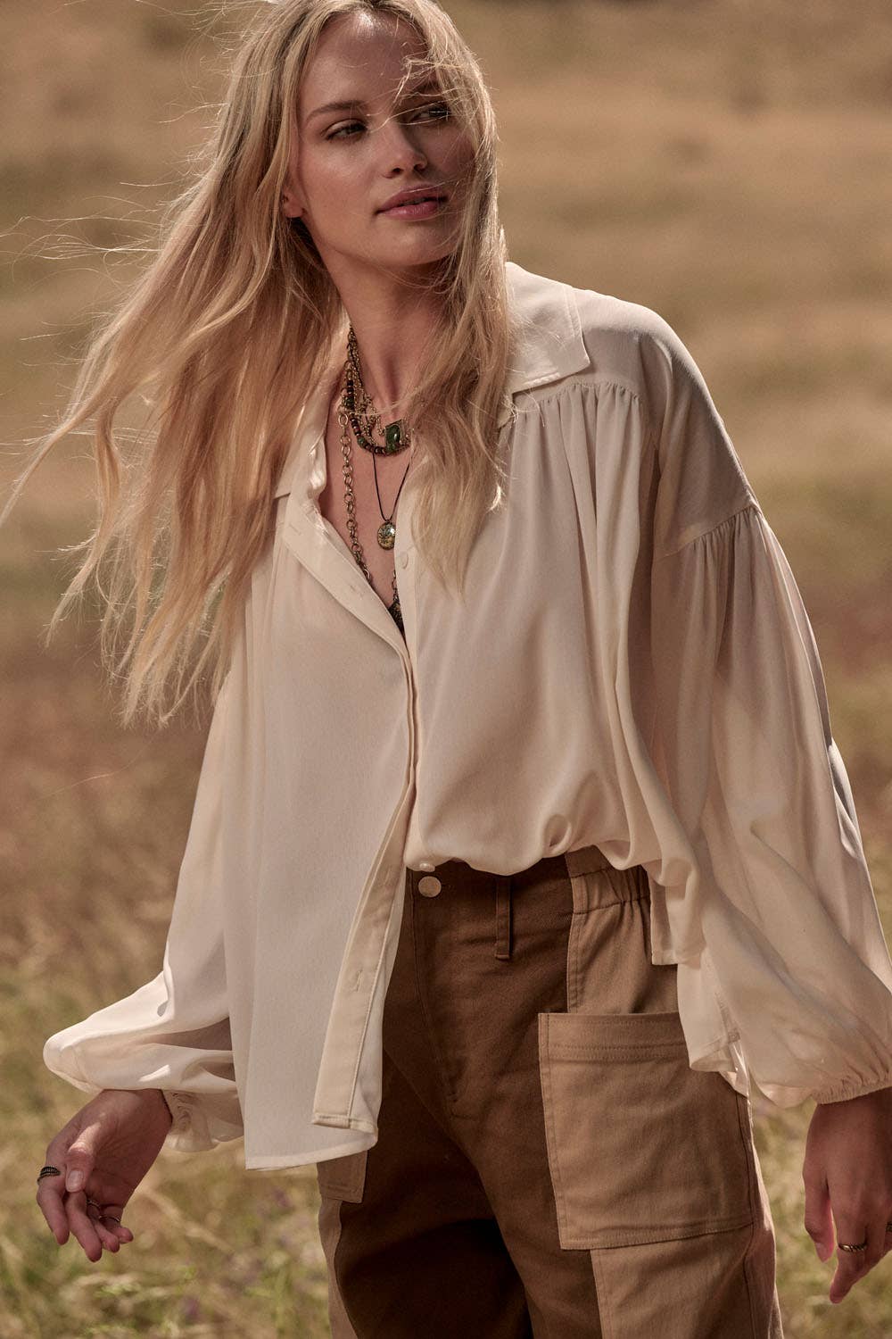 Solid Semi-Sheer Curve Hem Yoke Blouse - Cream