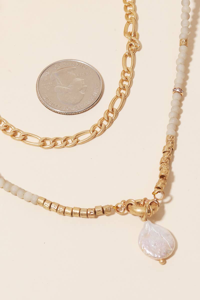 Layered Bead Chain Pearl Charm Necklace: Tan