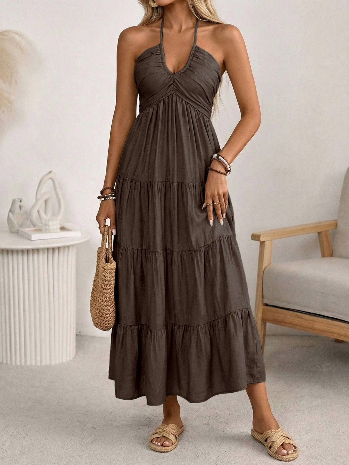 Halter V Neck Tiered Maxi Dress Coffee Brown