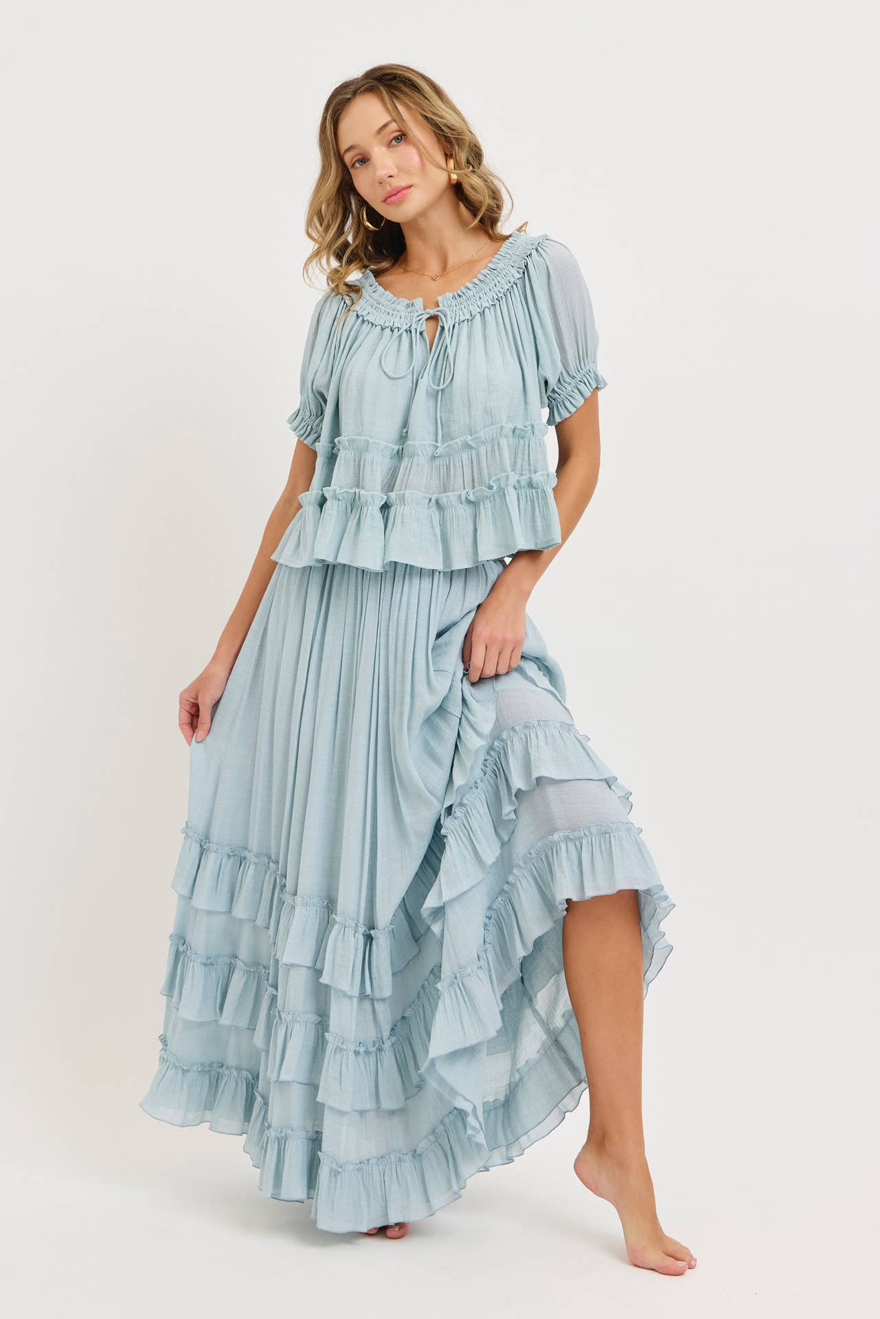 EASY FLOWY TIERED RUFFLE MAXI SKIRT SET: MISTY BLUE