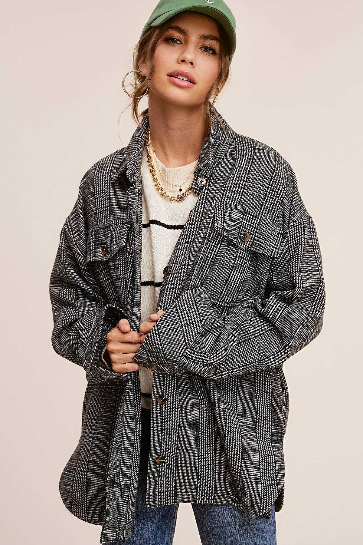 Classic Button Down Plaid Shacket: Black