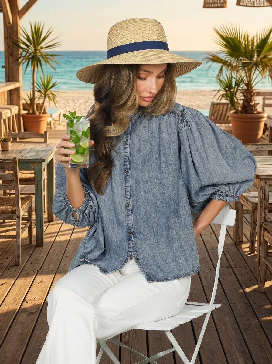 Ruffle Neck 100% Tencel Chambray Washed Denim Shirt